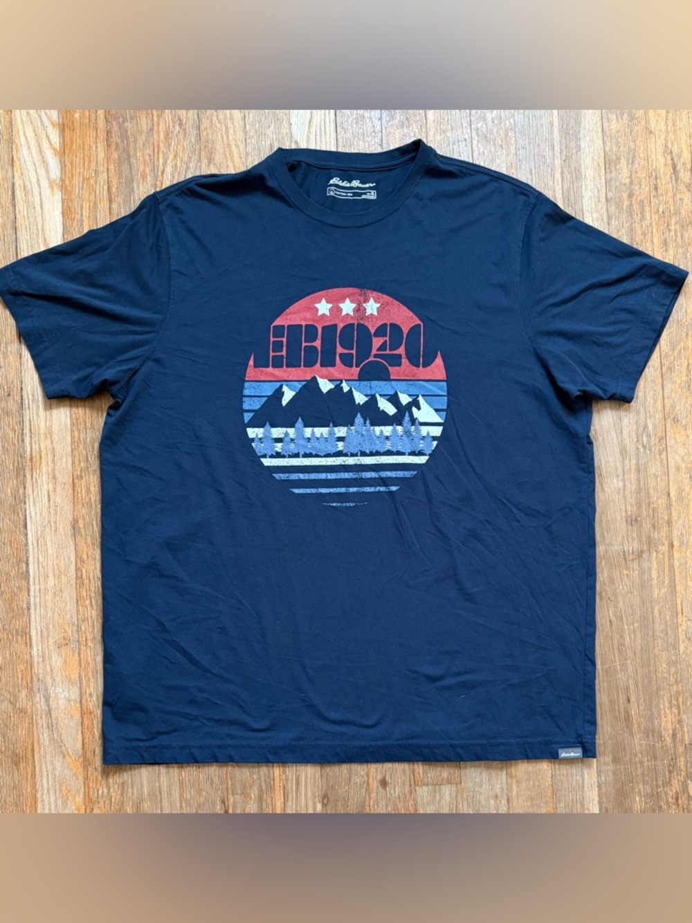 Eddie Bauer Men’s Navy Blue Graphic T-Shirt w/ Mountain & Forest Design ~ sz XL